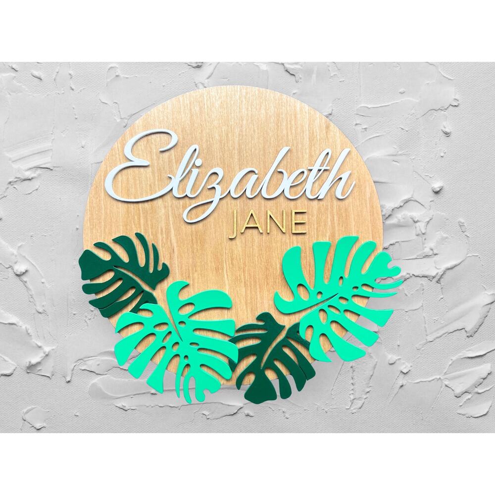 Custom Wooden Name Sign - Modern Tropical Monstera Leaves Personalized Gift